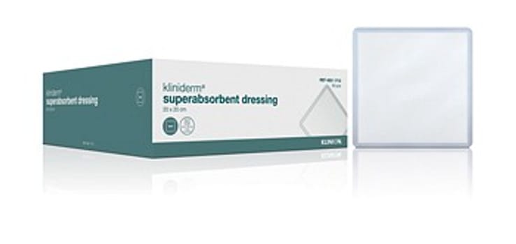 Kliniderm Superabsorberende, bandage med væskeafvisende bagside, usteril, 20 cm x 20 cm
