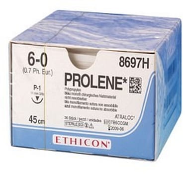 Ethicon Prolene, sutur, blå, 45 cm med P-1 nål, steril, 6-0