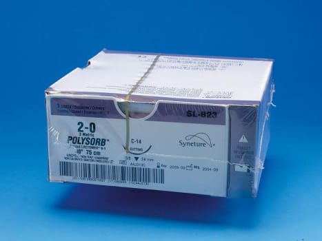 Syneture Polysorb, sutur, ufarvet, 75 cm med C-14 nål, steril, 2-0