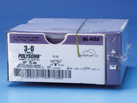 Syneture Polysorb, sutur, ufarvet, 75 cm med C-13 nål, steril, 3-0
