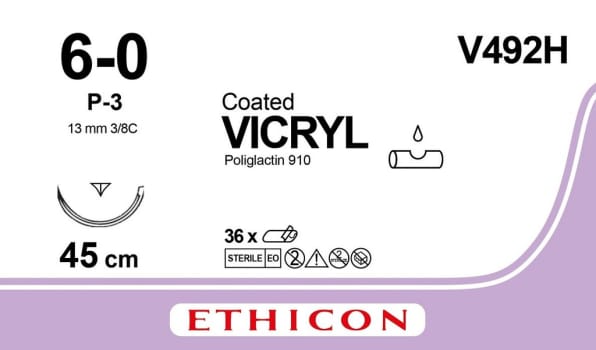 Ethicon Vicryl, sutur, ufarvet, 45 cm med P-3 nål, steril, 6-0