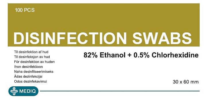 Mediq Desinfection, alkohol swab 82% ethanol, 0,5% klorhexidin, gul, 30 mm x 60 mm