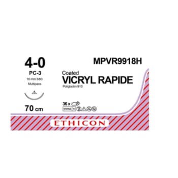 Ethicon Vicryl Rapid, sutur, ufarvet, 70 cm med PC-3 nål, steril, 4-0