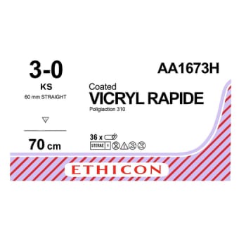 Ethicon Vicryl Rapid, sutur, ufarvet, 70 cm med KS nål, steril, 3-0
