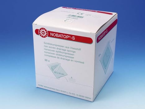 Nobatop-S slids/tracheal, kompres, non woven, 6 lag, brev a 2 stk., steril, 10 cm x 10 cm