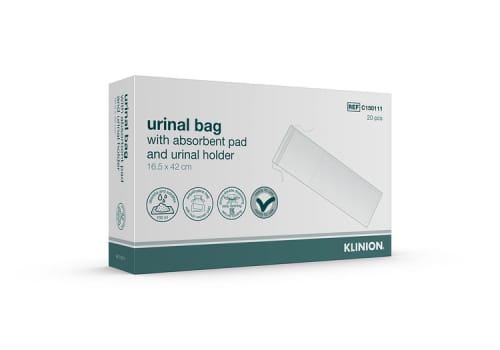 Klinion urinpose med absorberende indlæg og urinalholder, 16,5 cm x 42 cm