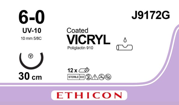 Ethicon Vicryl, sutur, violet, 30 cm med UV-10 nål, steril, 6-0