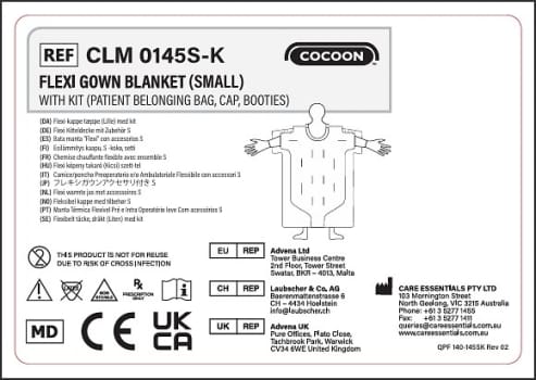 Cocoon Engangs Flexi poncho varmetæppe – Small Kit (Patienttilhørs-pose, hue, futter) Slangetilslutninger: 3