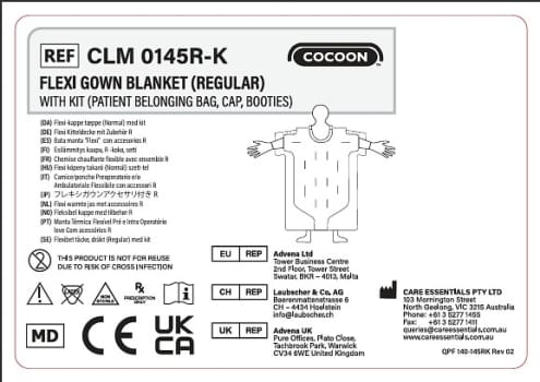 Cocoon Engangs Flexi poncho varmetæppe – normal Kit (Patienttilhørs-pose, hue, futter) Slangetilslutninger: 3