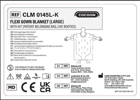 Cocoon Engangs Flexi poncho varmetæppe – Large Kit (Patienttilhørs-pose, hue, futter) Slangetilslutninger: 3