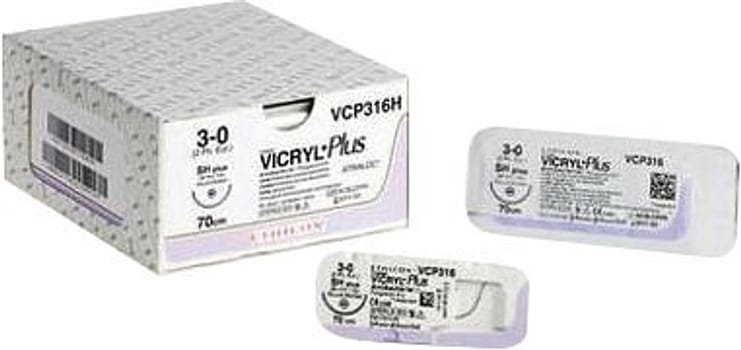 Ethicon Vicryl Plus, sutur, violet, 70 cm med RB-1 nål, steril, 5-0