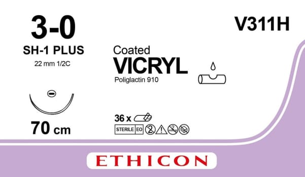 Ethicon Vicryl, sutur, violet, 70 cm, SH-1 nål, steril, 3-0