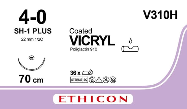 Ethicon Vicryl, sutur, violet, 70 cm med SH-1plus nål, steril, 4-0