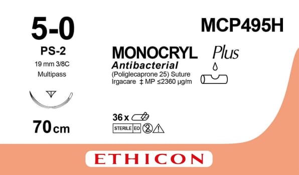 Ethicon Monocryl Plus, sutur, ufarvet, 70 cm med PS-2 nål, steril, 5-0
