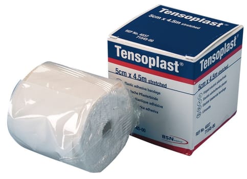 Tensoplast, porøst, selvhæftende strækbind, 5 cm x 4,5 m