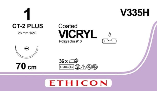 Ethicon Vicryl, sutur, violet, 70 cm med CT-2 plus nål, steril, 1-0