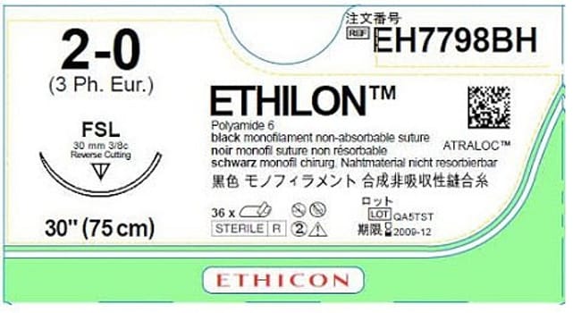 Ethicon Ethilon, sutur, sort, 45 cm med P-1 multipass nål, steril, 7-0