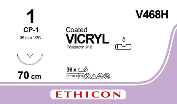 Ethicon Vicryl, sutur, violet, 70 cm med CP-1 nål, steril, 1