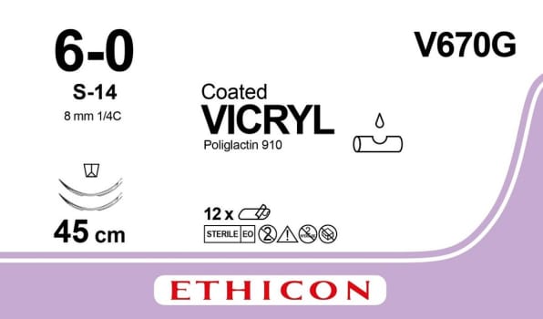 Ethicon Vicryl, sutur, ufarvet, 45 cm med 2 x S-14 nål, steril, 6-0