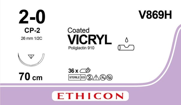 Ethicon Vicryl, sutur, ufarvet, 70 cm med CP-2 nål, steril, 2-0