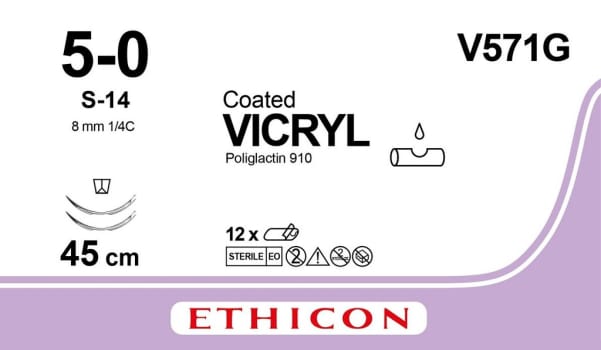 Ethicon Vicryl, sutur, violet, 45 cm med 2 x S14 nål, steril, 5-0