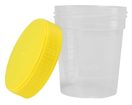 Prøverør/bægre, med skrivefelt og gult skruelåg, sterilt, 120 ml