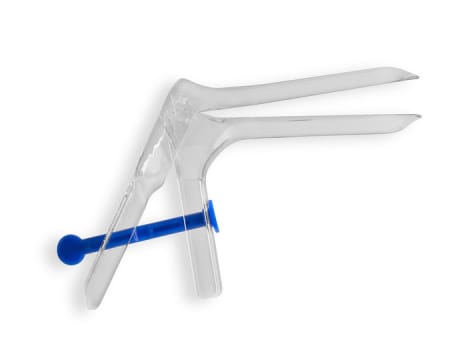 Klinion Vaginalspekel, engangs, selvhold. m/drejbar lås (blå), steril, small