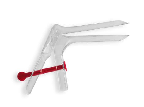 Klinion Vaginalspekel, engangs, selvhold. m/drejbar lås (rød), steril, medium