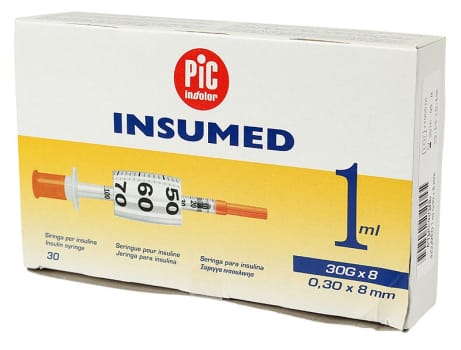 Insumed, insulinsprøjte 1,0 ml med kanyle 30G, steril, 8 mm x 0,30 mm (30G)