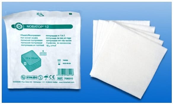 Nobatop, kompres, non-woven, 6 lag, brev a 5 stk., steril, 5 cm x 5 cm