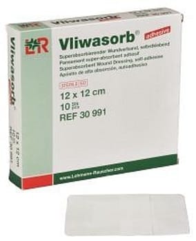 Vliwasorb, højabsorberende bandage med border, steril, 12 cm x 12 cm
