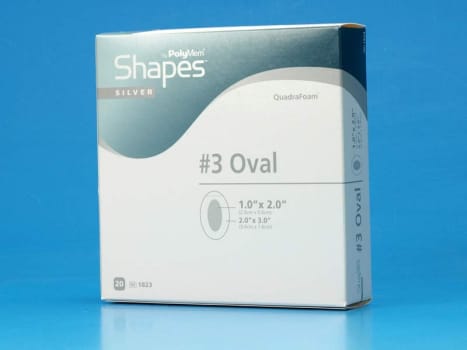 PolyMem Shapes Silver, skumband.m/klæb,nr.3 oval,sårpude 2,5x5cm, steril, 5 cm x 7,6 cm