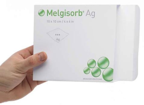 Melgisorb Ag, alginatbandage med sølv og CMC, steril, 10 cm x 10 cm