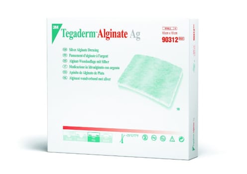 Tegaderm Alginate Ag, alginatbandage med sølv og CMC, steril, 10 cm x 10 cm