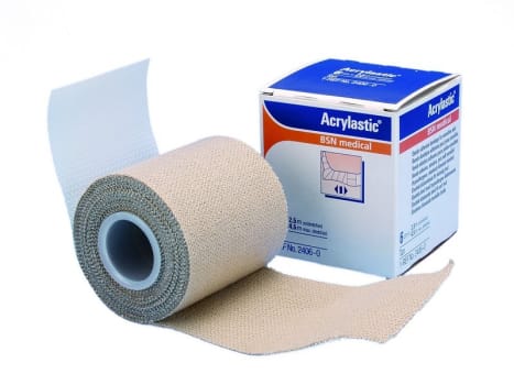 Acrylastik, klæbende kortstrækskompressionsbind, strakt mål, 10 cm x 4,5 m
