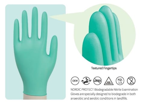 Nordic Protect, Bionedbrydelig nitrilhandske, pudderfri, grøn, medium