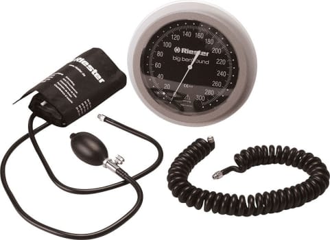 Riester blodtryksmåler, Big Ben aneroid,vægmodel m/velcromanchet og slange, 13 cm x 24 cm