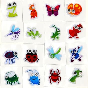 Legetøj, klistermærker, insekter med store rulleøjne