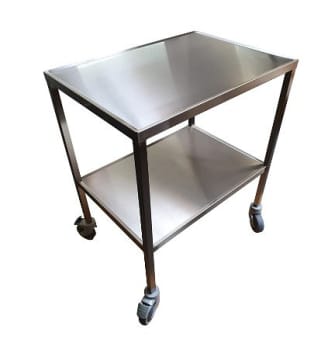 Rustfrit instrumentbord, med Ø 100 mm hjul, 50 cm x 90 cm x 85 cm