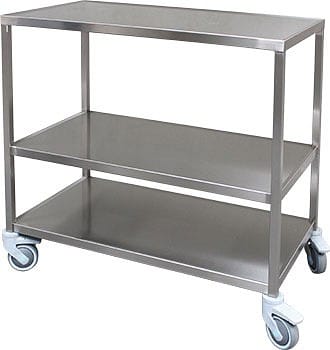 Rustfrit instrumentbord, med 2 hylder og 2 hjul med bremse, Ø 125mm, 60 cm x 120 cm x 85 cm