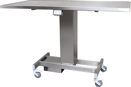 Bagbord, rustfrit med elektrisk hæve-sænk og Ø 75mm hjul, 55 cm x 95 cm