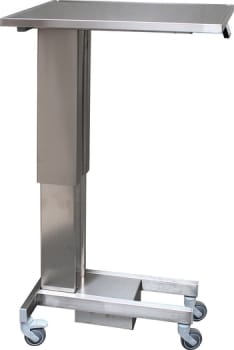 Assistancebord, rustftit med elektrisk hæve-sænk og Ø 75mm hjul, 40 cm x 60 cm