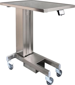 Assistancebord, rustftit med elektrisk hæve-sænk og Ø 75mm hjul, 40 cm x 60 cm