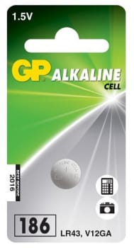 GP, knapcellebatteri, alkaline 1,5V, LR43