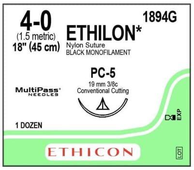 Ethicon Ethilon, sutur, sort, PC-5 nål, MP, steril, 4-0