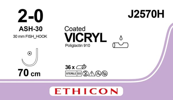 Ethicon Vicryl, sutur, violet, 70 cm, ASH-30 nål, steril, 2-0