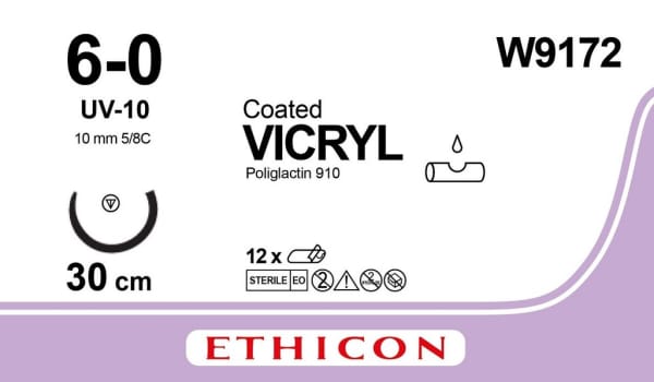 Ethicon Vicryl, sutur, violet, 30 cm med UV-10 nål, steril, 6-0