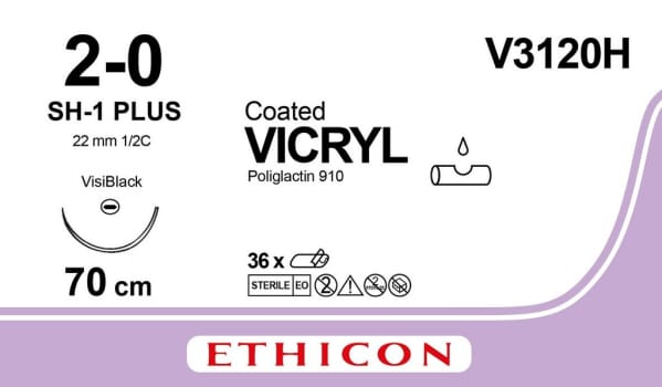 Ethicon Vicryl, sutur, violet, 70 cm med JB nål, steril, 2-0