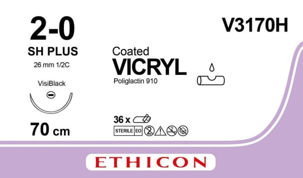 Ethicon Vicryl, sutur, violet, 70 cm med JB nål, VISI-BLACK, steri, 2-0