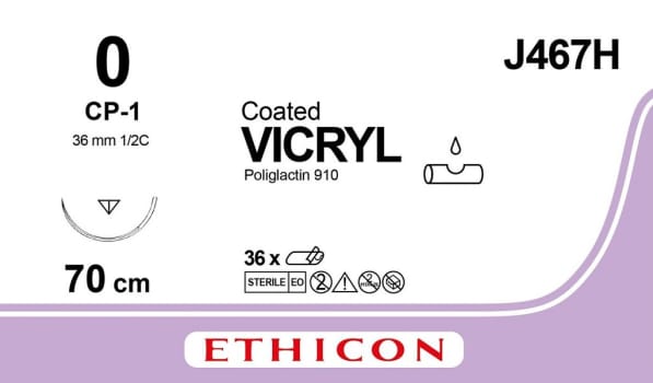 Ethicon Vicryl, sutur, violet, 70 cm med CP-1 nål, steril, 0
